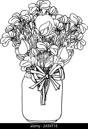 Hand drawn doodle style rustic bouquet of black and white stock flower and sweet pea. Boho wedding decoration. Isolated on white background Stock Vector