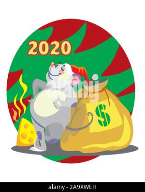 Vector illustration of cute mouse character with bag of money on background with Christmas tree. Vector cartoon stock illustration.Winter holiday, Chr Stock Vector