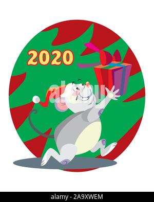 Vector illustration of cute mouse character running with present on background with Christmas tree. Vector cartoon stock illustration.Winter holiday, Stock Vector
