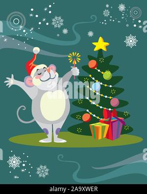 Vector illustration of cute happy mouse character standing near Christmas Tree. Vector cartoon stock illustration.Winter holiday, Christmas eve concep Stock Vector