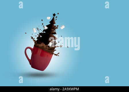 Cup of splashing hot chocolate with marshmallows as fir tree shape on blue background. Christmas and New Year holidays concept. Copy space Stock Photo