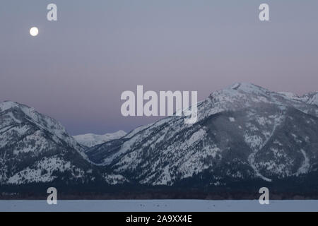 Daybreak with moonset above the Teton Range, purple sky over snow covered mountains, hills, close to Jackson Hole, Wyoming, USA. Stock Photo