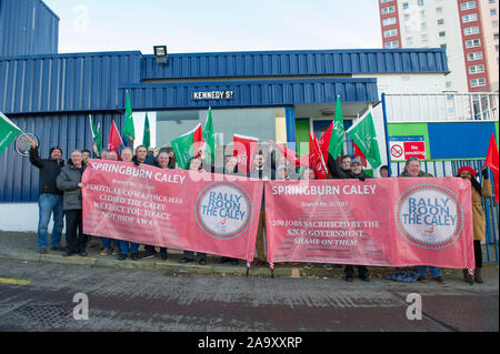 Glasgow, UK. 18th Nov, 2019. Pictured: Paul Sweeney MP. Paul Sweeney MP for Glasgow North East, is joined by joined by workers from the Caley Railway Works at the Caley to protest against the closure and highlight the inaction of the Scottish Government to save the site. Credit: Colin Fisher/Alamy Live News Stock Photo