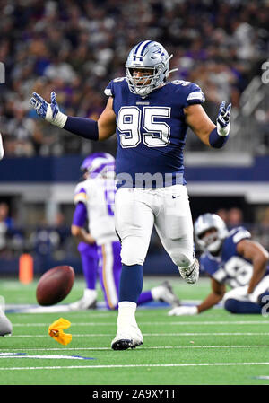 Nov 10, 2019: Dallas Cowboys defensive end Christian Covington #95  questions a flag thrown during an NFL game between the Minnesota Vikings  and the Dallas Cowboys at AT&T Stadium in Arlington, TX