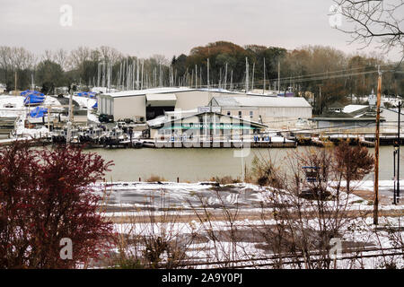 Charlotte, New York, USA. November 15, 2019. Shumway Marina on the shore of the Genesee River leading into Lake Ontario in the small coastal village o Stock Photo