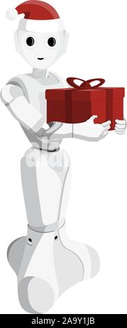Robot with a Christmas gift in a box. Automated delivery service. Vector illustration Stock Vector