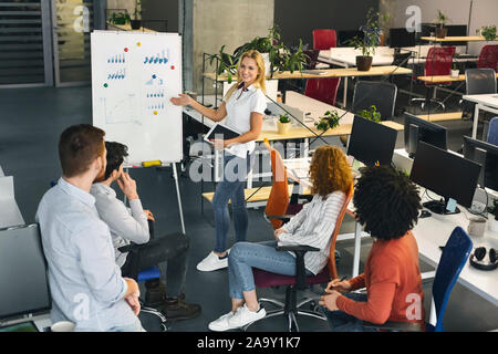 Young millennial team analyzing financial information at work Stock Photo
