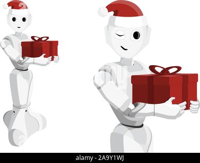 Robot with a Christmas gift in a box. Automated delivery service. Vector illustration Stock Vector