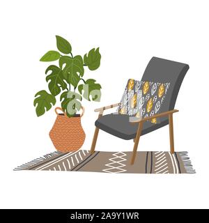 Interior of a cozy Scandinavian style room with a soft gray armchair with a decorative pillow, a knitted rug and a large flower pot in a wicker basket Stock Vector