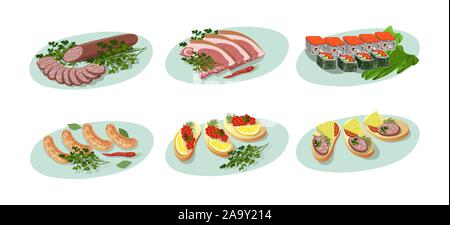 Set of isolated cold cuts and sandwiches. Appetizers with sausage, ham and caviar. Vector flat . Stock Vector