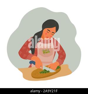 Woman is cooking natural healthy food. Girl in an apron cuts greens into salad. Flat cartoon vector illustration Stock Vector