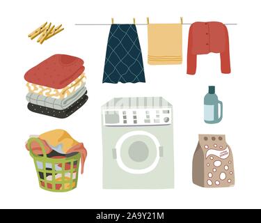 Laundry set isolated elements powder, washing machine, wet clothes with clothespins, folded clothes and a basket with dirty linen. Vector flat Stock Vector