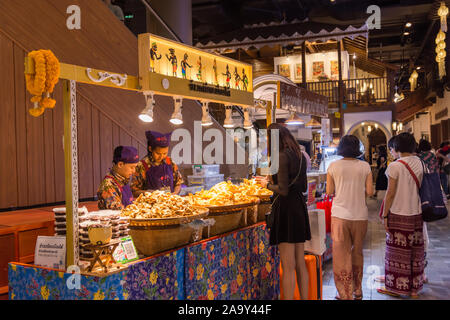 Iconsiam ,Thailand -Oct 30,2019:Ground floor floating market in Iconsiam shopping mall can get the traditional Thai snacks, shops for  handicraft. Stock Photo
