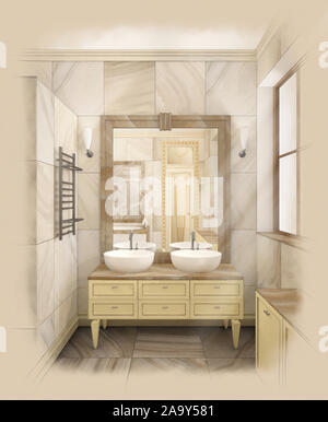 Sketch of marble bathroom. 3d render illustration Stock Photo