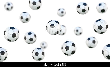 Falling isolated football soccer balls. Close-up and depth of field. 3d rendering illustration Stock Photo