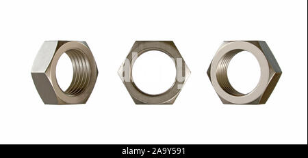 Metal nut closeup isolated on white background. Chromed steel screw nut on a white background. Tools for work. 3d render illustration. Stock Photo