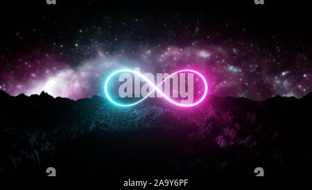 Futuristic retro Infinite sign neon light glowing on rocky ground, 3d render, bokeh background, Pink blue color. Stock Photo