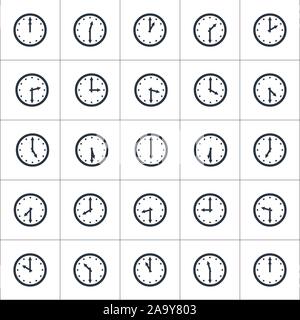 Set of round clocks showing various time with 30 minutes difference. World clock, time zone. Stock Vector illustration isolated on white background. Stock Vector