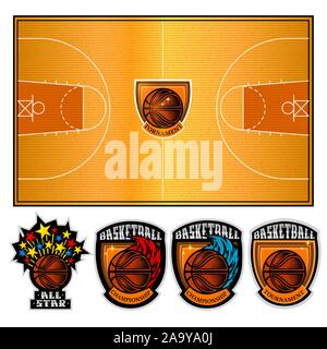 Basketball court and four team labels with ball. Vector illustration isolated on white Stock Vector