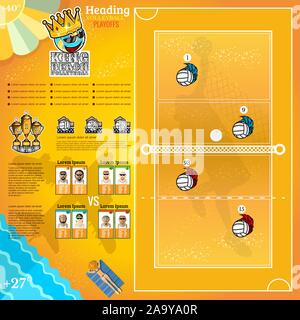 Beach volleyball infographic on sand background with court, teams, labels and cup. Vector illustration for business Stock Vector