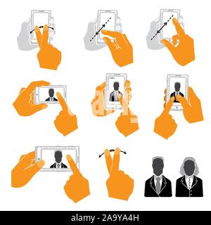 Set of Hand Holding Upright Mobile Phone Flat and Style Icons Stock Vector