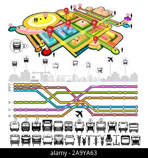 Transport info graphic with map of city, icons of transport and different communication elements Stock Vector