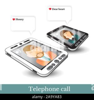 realistic two phones and flat icons couple in love with dialog speech bubbles Stock Vector