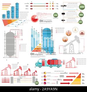 set of flat design of oil derrick and gas rig infographics production delivery and gas storing Stock Vector