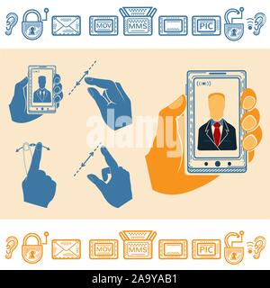 Set of Hand Holding Upright Mobile Phone With Man on Screen. Flat and Line Style Icons on white Stock Vector
