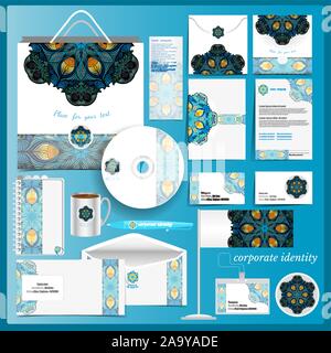 White corporate identity template with blue mosaic peacock elements. Vector company style for brandbook and guideline. Stock Vector