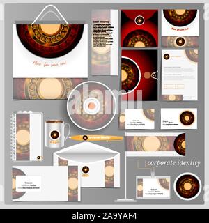 White corporate identity template with red mosaic circle elements. Vector company style for brandbook and guideline. Stock Vector