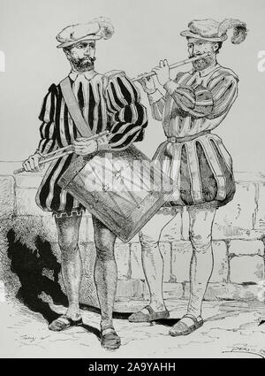 Modern age. Spanish infantry. Fife (small flute) and drum. Engraving. Museo Militar, 1883. Stock Photo