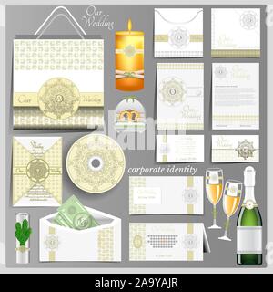 White wedding corporate identity template. Business mock-up with green arabic circle pattern logo Stock Vector