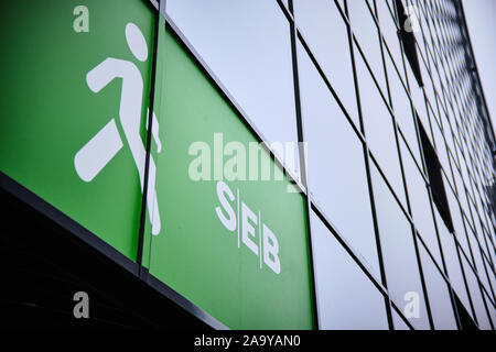 Tallinn, Estonia. 18th Nov, 2019. Swedish bank SEB logo seen on SEB Estonia headquarters building in Tallinn. Credit: SOPA Images Limited/Alamy Live News Stock Photo