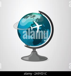 Desktop Globe with Airplane Flying Around the World - Concept Illustration in Editable Vector Format Stock Vector