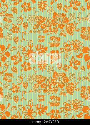Orange seamless floral pattern. Stripes background. Flowers print for fabric or paper. - Vector Stock Vector