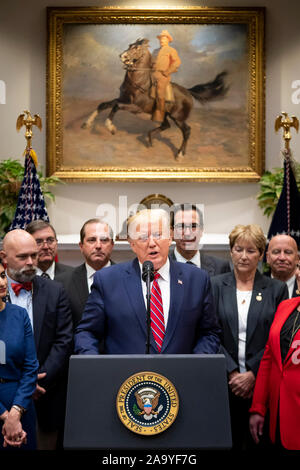 President Donald J. Trump addresses his remarks during the Honesty and Transparency in Healthcare Prices meeting Friday, Nov. 15, 2019, in the Roosevelt Room of the White House. Stock Photo