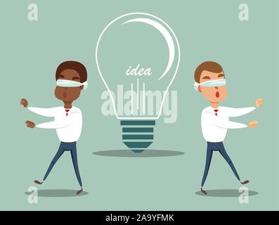 Cartoon blind businessmen are can not find the ideas lying on the ground. Stock Vector
