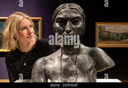 Bonhams, London, UK. 18th November 2019. Paul Nash, L.S Lowry, Paul Henry, Sickert and John Piper among the artists featured in the sale which takes place 20th November. Image: Sir Jacob Epstein (British, 1880-1959). Third Portrait Bust of Sunita (Bust with Necklace). £7,000-10,000. Credit: Malcolm Park/Alamy Live News. Stock Photo
