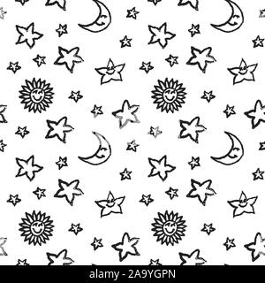 Seamless pattern with star drawings. Doodle sketch. Black outlines on white background. Trendy texture for digital paper, fabric, decorative backdrops, wrapping. Vector illustration. EPS10 Stock Vector