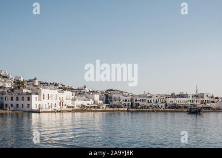 Mykonos Town, Greece - September 23, 2019: Panoramic view of the new port in Hora (also known as Mykonos Town), the islands well-preserved port and ca Stock Photo