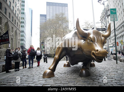 New York, United States. 18th Nov, 2019. The Wall Street Charging Bull bronze sculpture stands in Bowling Green in the Financial District in Manhattan in New York City on Monday, November 18, 2019. NYC plans to move iconic Wall Street Bull statue and it will reportedly be placed somewhere near the New York Stock Exchange. Photo by John Angelillo/UPI Credit: UPI/Alamy Live News Stock Photo