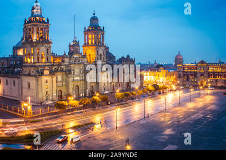 Metropolitan Cathedral and President's Palace in Zocalo, Center of Mexico City Mexico Sunrise night. Stock Photo