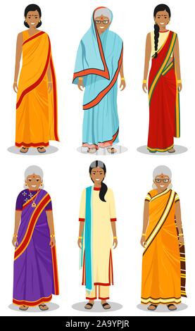 Indian woman. Set of different standing old, adult and young women in the traditional national clothing isolated on white background in flat style Stock Vector
