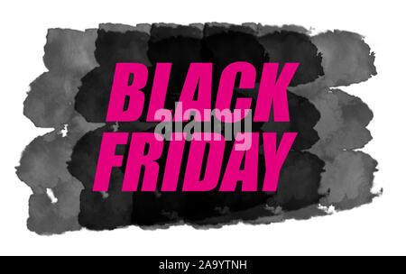 Black watercolor  splash with the inscription Black Friday in pink isolated on white background Stock Photo