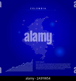 Colombia illuminated map with glowing dots. Infographics elements. Dark blue space background. Vector illustration. Growing chart, lorem ipsum text. Stock Vector