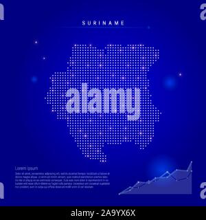 Suriname illuminated map with glowing dots. Infographics elements. Dark blue space background. Vector illustration. Growing chart, lorem ipsum text. Stock Vector