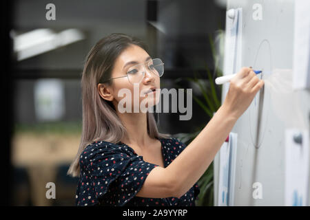 Concentrated young vietnamese speaker coach painting graphs on white board. Stock Photo