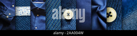 Collage of blue shirt fabric textures. Blue Fabric Set Stock Photo
