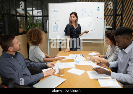 Young vietnamese team leader presenting project to mixed race colleagues Stock Photo